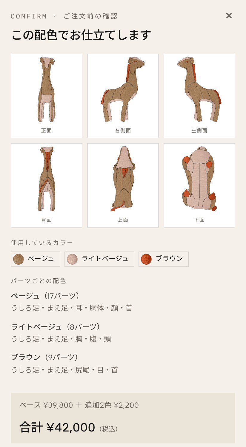 ご注文前の確認画面。6方向の見え方と使用しているカラー、パーツごとの配色